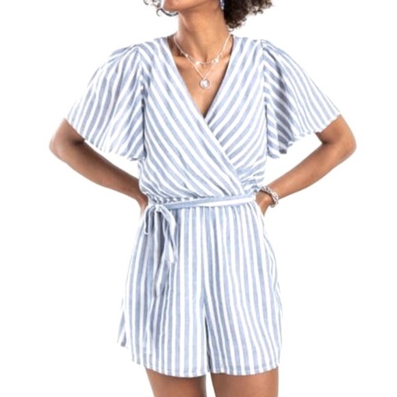 Altar’d State Women S Blue Striped Belted Short Sleeve Tie Back Faux Wrap Romper - Picture 1 of 12